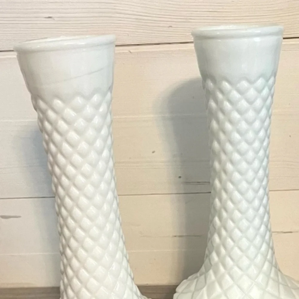 Vintage Diamond Patterned Milk Glass Vases Set of Two